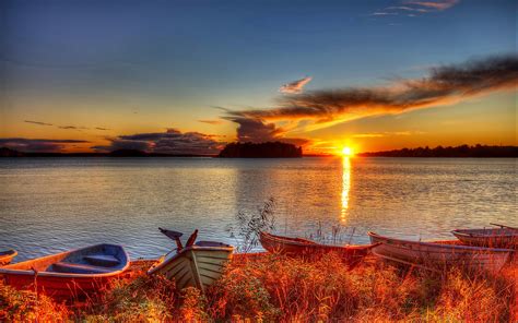 Wallpaper Lake Boats Sunset