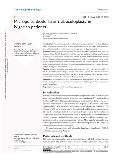 Pdf Micropulse Diode Laser Trabeculoplasty In Nigerian Patients
