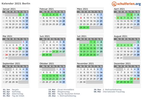 Hälfte mit kalenderwochen und feiertagen. Kalender 2021 + Ferien Berlin, Feiertage