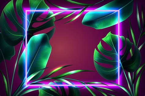 Free Vector Realistic Leaves With Neon Frame Wallpaper Design