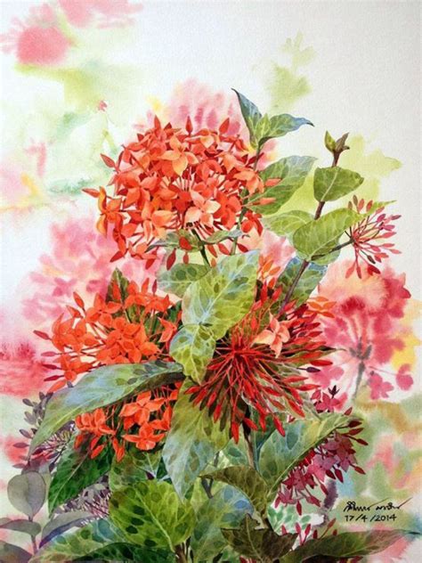 A Painting Of Red Flowers And Green Leaves