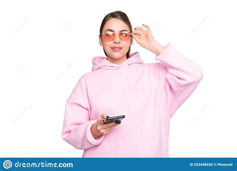Millennial Girl In Casual Pink Hoodie With Smartphone Rolling Eyes
