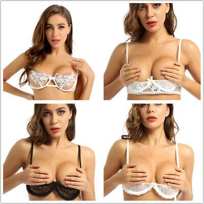Women Sexy 1 4 Cup Lace Bra Push Up Underwired Shelf Bra Unlined See