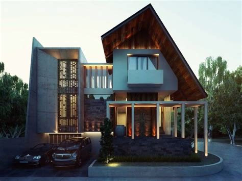 Desain Rumah 2 Lantai Minimalis Tropis Modern Fasade Depan Lantain
