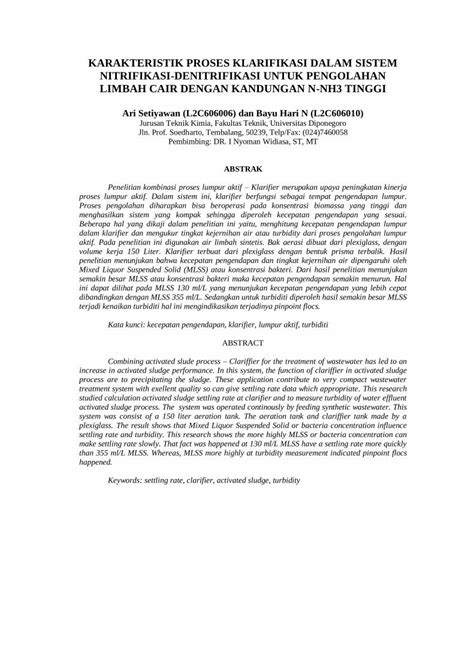 PDF Karakteristik Proses Klarifikasi Dalam Sistem Nitrifikasi