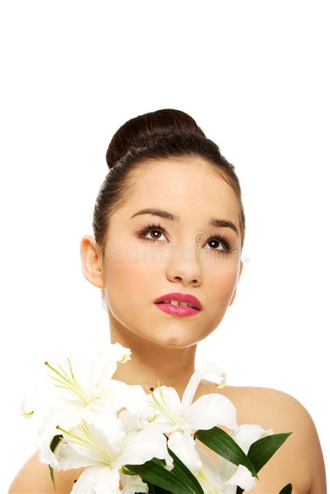 Beauty Face Of Woman With Lily Flower Stock Image Image Of Portrait