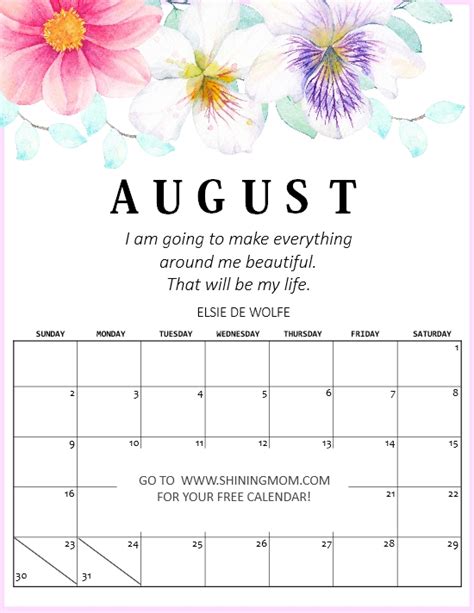 August Free Printable Calendar