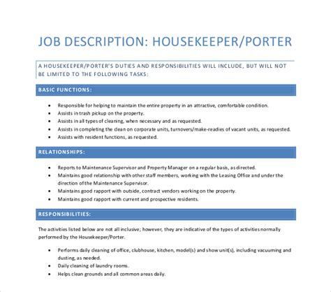 10 Porter Job Description Templates Pdf Doc