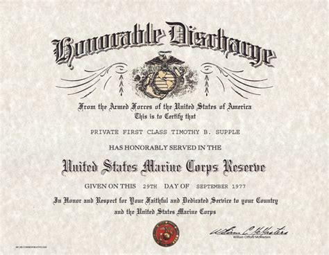 Marine Corps Reserve Honorable Discharge Certificate