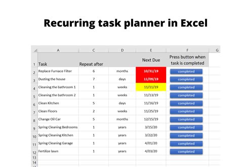 Recurring Task Planner In Excel Etsy Canada