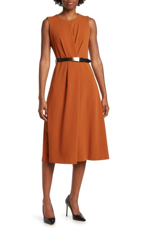 Calvin Klein Pleated Belted Midi Dress In Almond Modesens