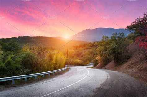 Mountain Road At Sunset High Quality Nature Stock Photos