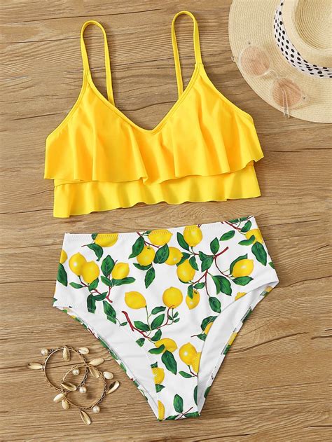 Random Lemon Print Tiered Layer Bikini Swimsuit Shein Usa Bikinis