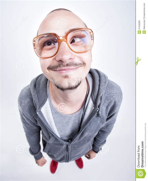 Funny Man With Big Glasses Cross Looking And Smiling Stock