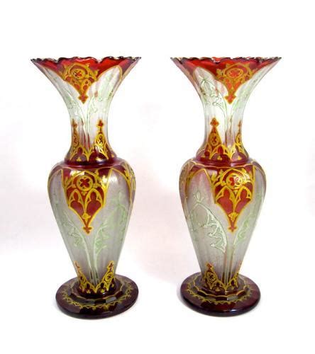 Pair Of Antique Bohemian Red Glass Vases