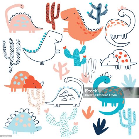 Childish Illustration With Hand Drawn Set Of Dino Stock Illustration