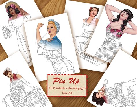 10 Pin Up Coloring Pages Adult Coloring Book Pin Up Etsy