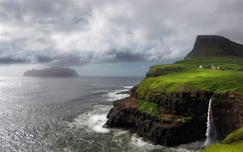 Faroe Islands Waterfall Atlantic Mountain Rocks Storm Clouds