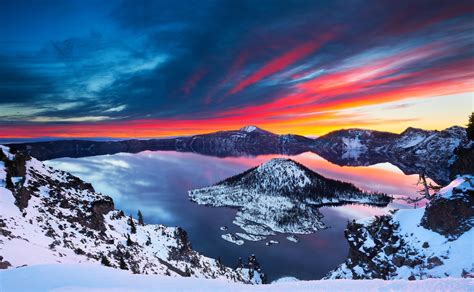 Winter Sunrise Over Crater Lake In Oregon