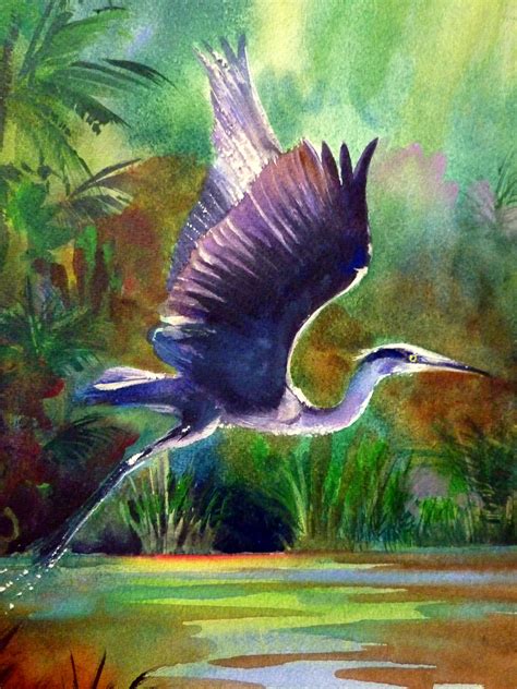 Great Blue Heron In Flight Watercolor By Kim Attwooll Watercolor