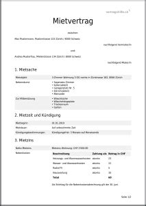 Kostenlose muster, beispiele und vorlagen. Mietvertrag für Wohnraum Schweiz gratis als PDF erstellen