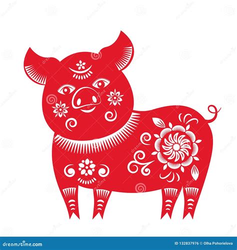 Chinese Traditional Zodiac Sign Year Of The Pig Cutted Pig From Red
