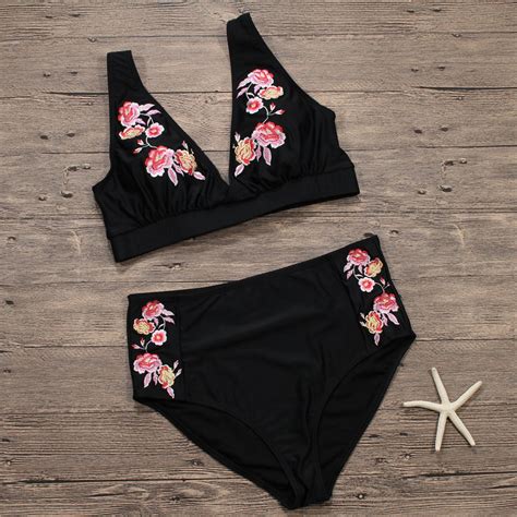 Buy Hand Make Embroidery Bikinis Swimsuit Floral Printed Strappy Bikini Set