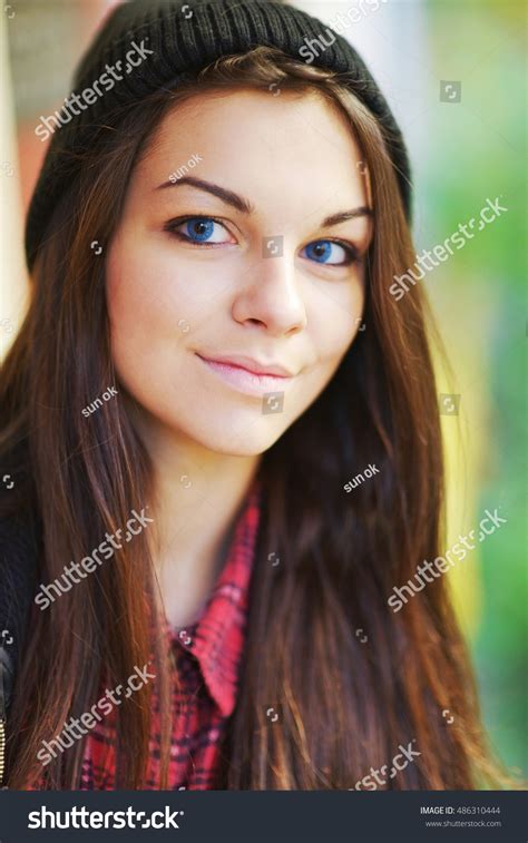 Portrait Beautiful Smiling Teen Girl Blue Stock Photo 486310444
