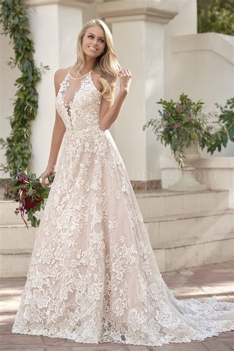 T202063 Halter Neckline Embroidered Lace Netting And Organza Wedding Dress