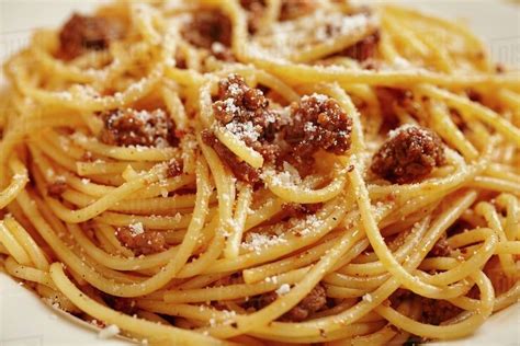 Spaghetti With A Minced Meat Sauce And Parmesan Close Up Stock