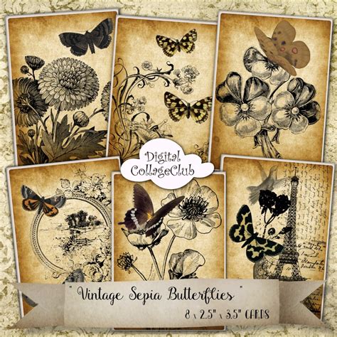 Vintage Sepia Butterflies Atc Cards The Digital Collage Club