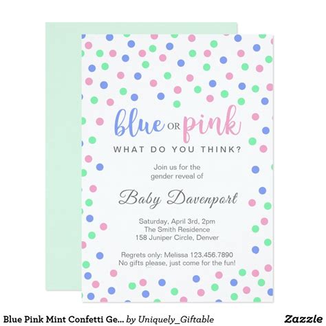 Blue Pink Mint Confetti Gender Reveal Invitation Gender Reveal Party