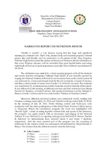 Narrative Report On Nutrition Month 2018 2019 Runners High Nutrition