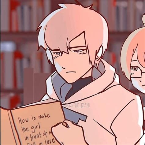 Two Anime Characters Standing Next To Each Other In Front Of Bookshelves With Words Written On Them