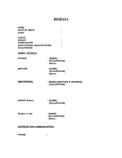 A bio data (biographical data) form is a document may contain all the personal factual information with historical perspective. BIODATA FORMAT | 2016 Most Decoration