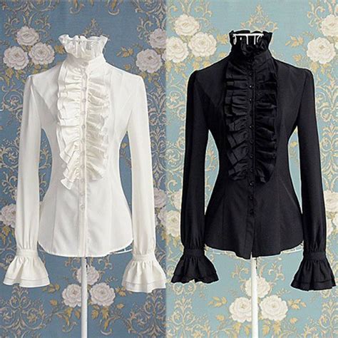 free 2 day shipping buy victorian womens long sleeves tops high neck frilly ruffle shirt blouse