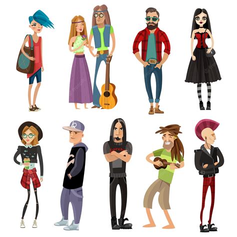 Free Vector Subcultures People Set In Cartoon Style