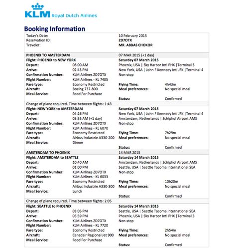 Sample Flight Reservation or Flight Itinerary for Visa Application