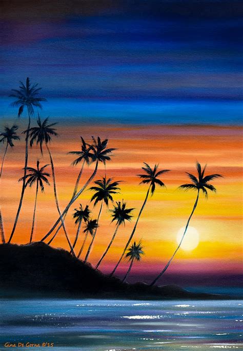 Palm Trees Beach Sunset Painting By Gina De Gorna