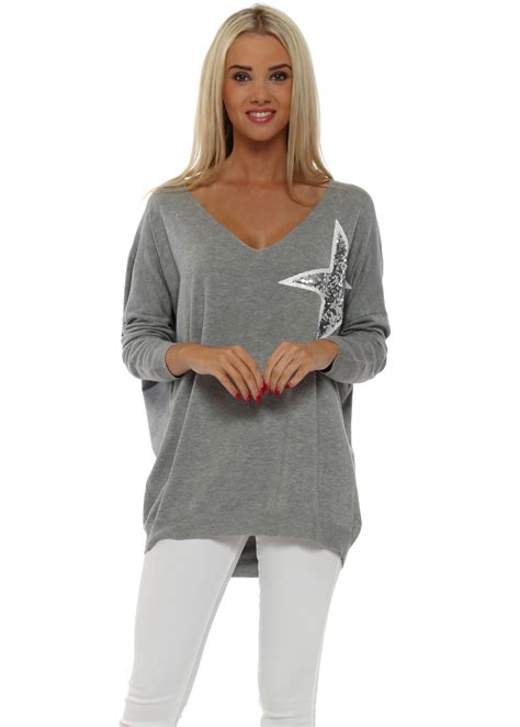 Women's Designer Grey Jumper - Sequin Star Jumper