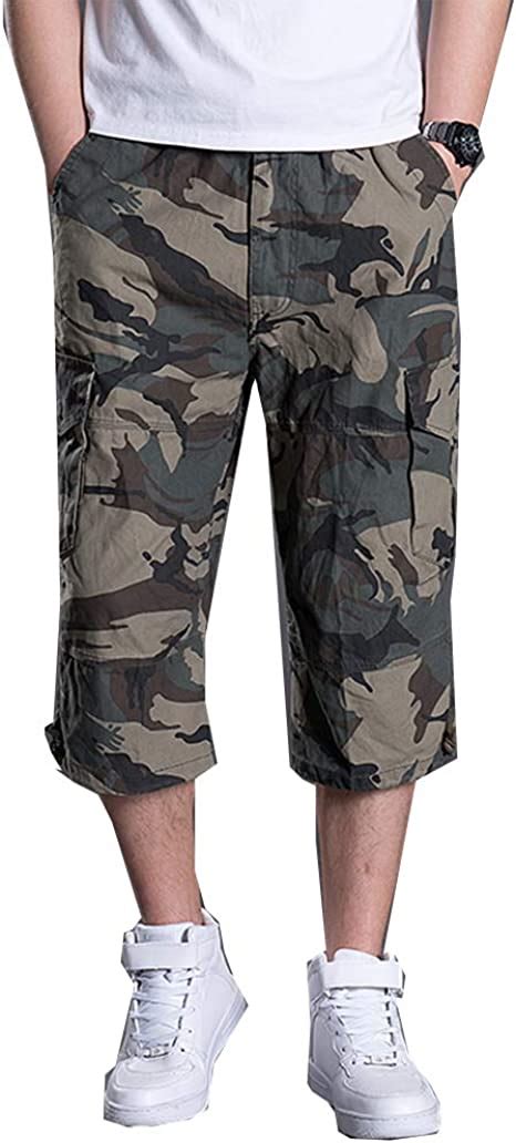 Flyf Mens Twill Cargo Shorts 34 Length Combat Camo Shorts Summer