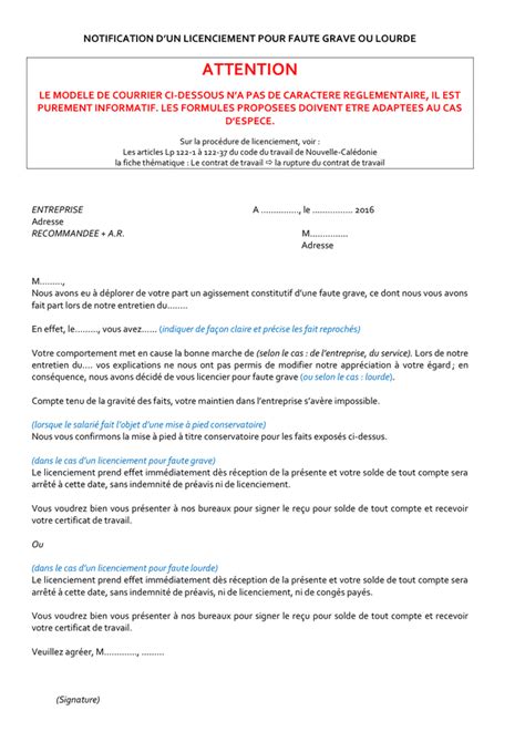 Modelé De Notification Dun Licenciement Pour Faute Grave Ou Lourde