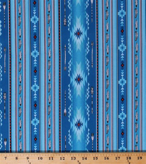 Cotton Southwestern Native American Aztec Blue Stripes Feathers Arrows