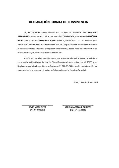 Declaración Jurada De Convivencia Declaracion Jurada Estado Civil