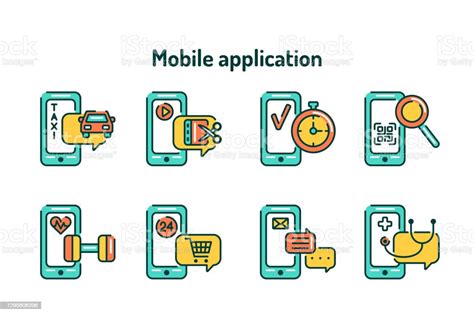 Mobile Applications In Smartphone Color Line Icons Set Pictograms For