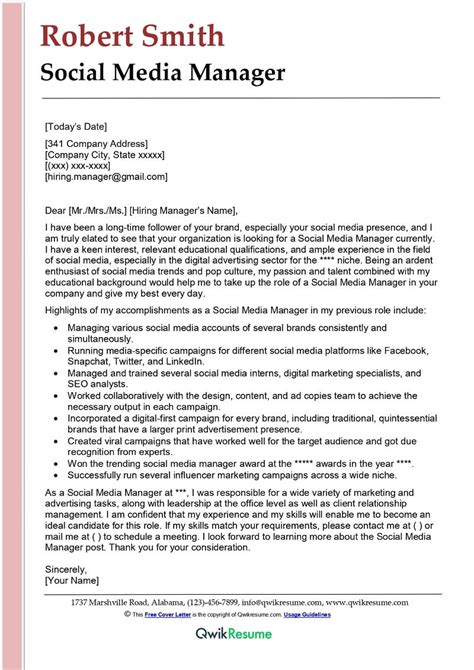 Social Media Manager Cover Letter Examples Qwikresume