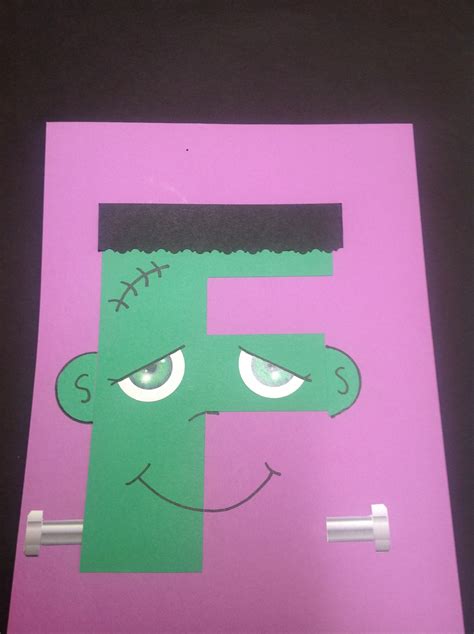 Crafts for letter f theme · adorable paper plate flamingo craft · this frog puppet craft is such a fun craft to not only make, but play with too . F is for Frankenstein | Letter a crafts, Alphabet crafts ...