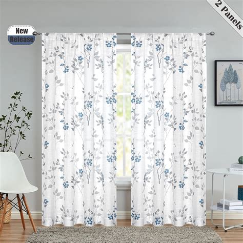 Beauoop Floral Semi Sheer Curtains 84 Inch Length For