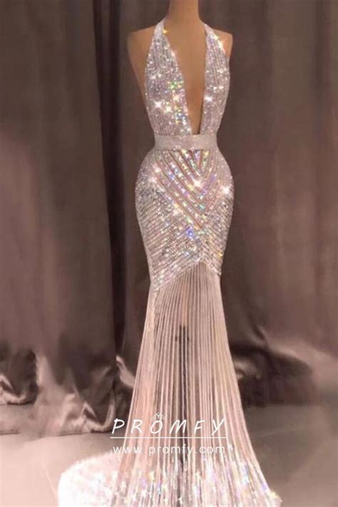 Sparkly Diamond And Beading Plunging Neck Halter Gown Promfy