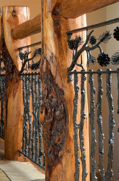 Log Posts and Top Rail with Metal Branch and Pine Cone Balusters | Log